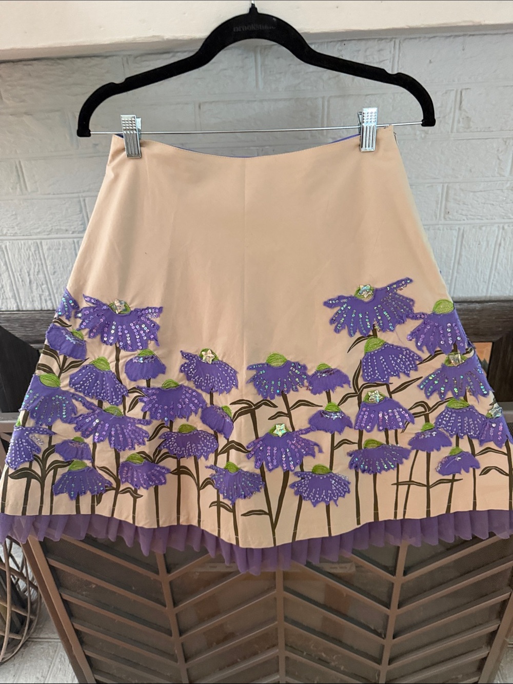Basil + Maude Beige A-Line Skirt with Purple Floral Appliqué - Picture 7 of 14
